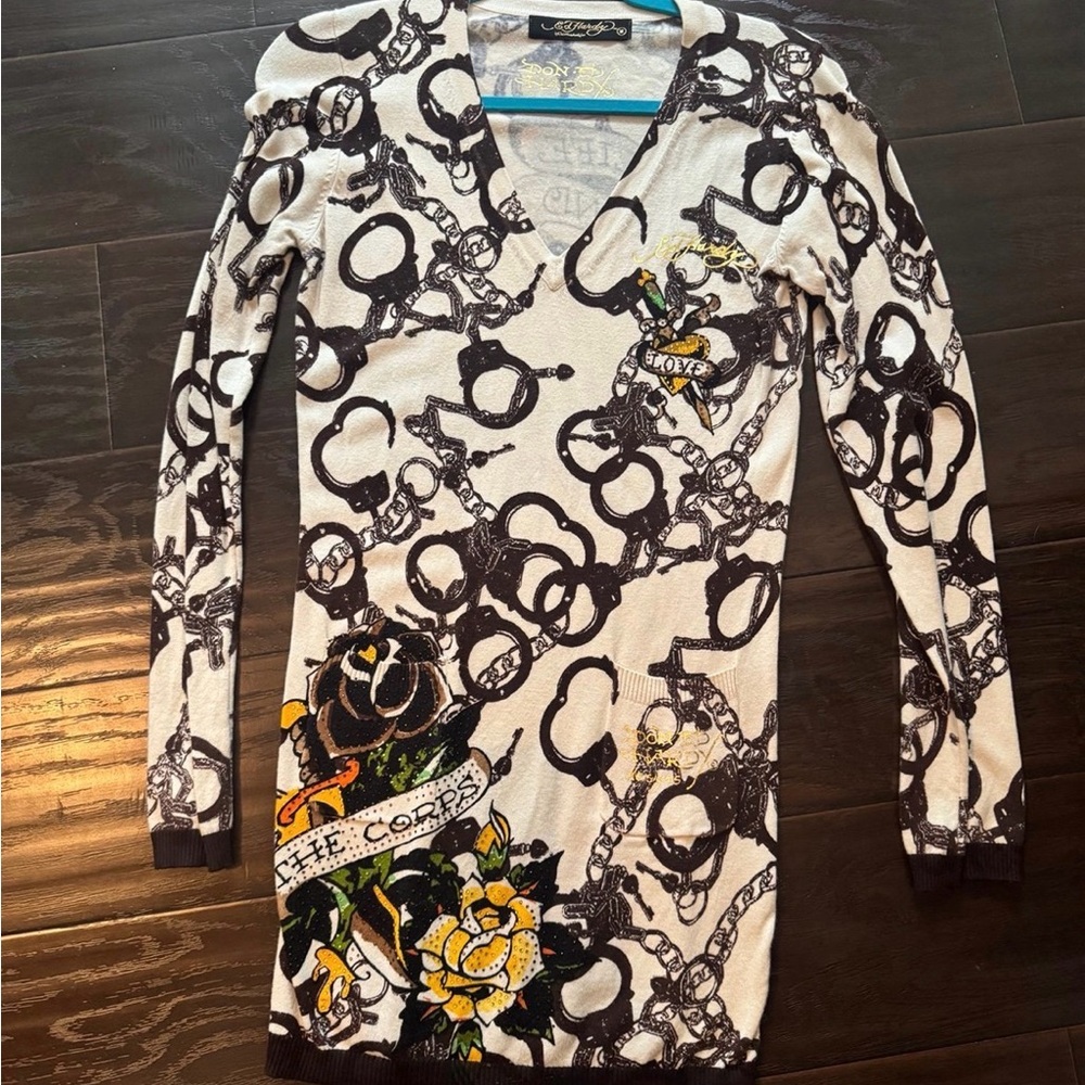 Ed Hardy Black and White Graphic Top